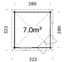 Plan d''un abri de jardin d''une superficie de 7,0 mètres carrés et de dimensions 322 sur 280 centimètres.