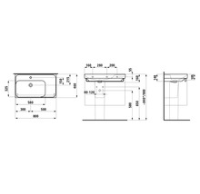 Technische Zeichnung eines Waschtischs mit Maßangaben