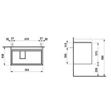 Technische Zeichnung eines Waschtischunterschranks mit Maßen