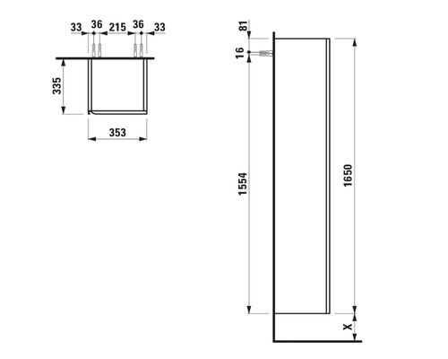 Technische Zeichnung eines Badezimmerschranks mit Maßangaben