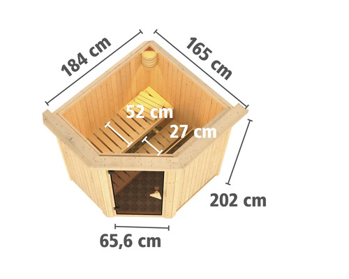 Ecksauna mit den Maßen 184 cm, 165 cm, 202 cm und 65,6 cm