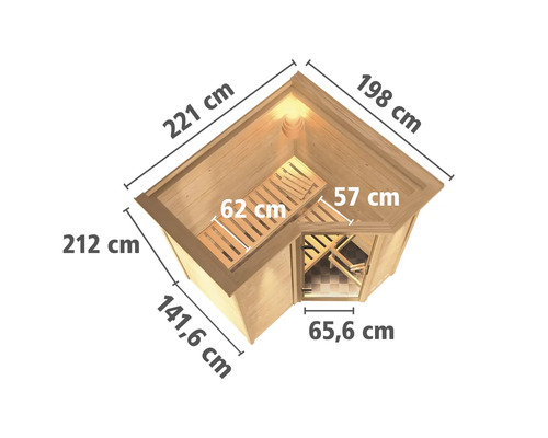 Vue de dessus d''un sauna d''angle avec dimensions