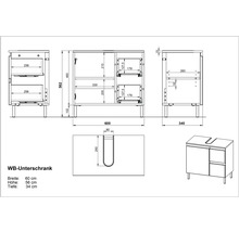 Dessin technique d''un meuble sous-lavabo avec dimensions