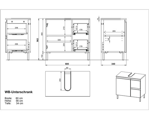 Dessin technique d''un meuble sous-lavabo avec dimensions