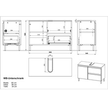 Schéma technique d''un meuble sous-lavabo avec dimensions