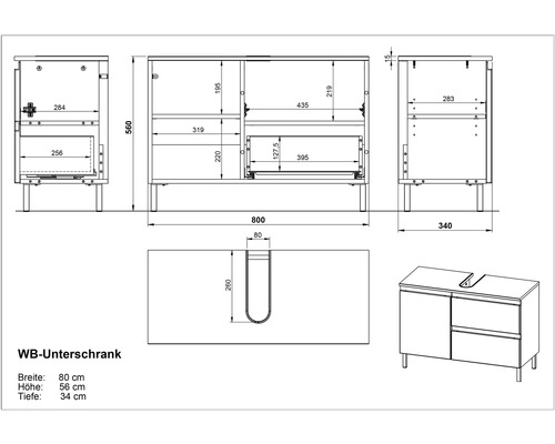 Schéma technique d''un meuble sous-lavabo avec dimensions