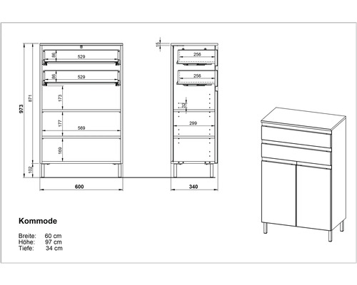 Dessin technique d''une commode avec indication de la largeur, de la hauteur et de la profondeur