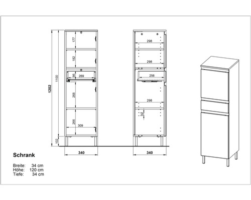 Dessin technique d''une armoire avec indication de la largeur, de la hauteur et de la profondeur