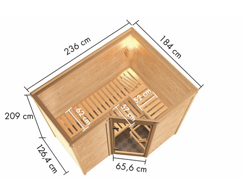 Illustration einer Ecksauna mit Maßangaben zu Länge, Breite und Höhe