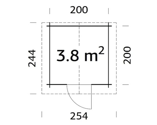 Grundriss eines Gartenhauses mit den Maßen 244 mal 254 mal 200 Zentimeter und einer Fläche von 3,8 Quadratmetern