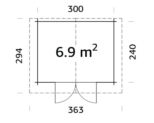 Grundrisszeichnung eines Gartenhauses mit den Maßen 300 x 240 x 294 cm und einer Fläche von 6,9 Quadratmetern.