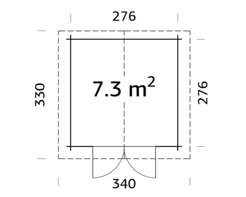 Plan d''un abri de jardin avec les dimensions 276 x 330 x 340 cm et une surface de 7,3 mètres carrés.