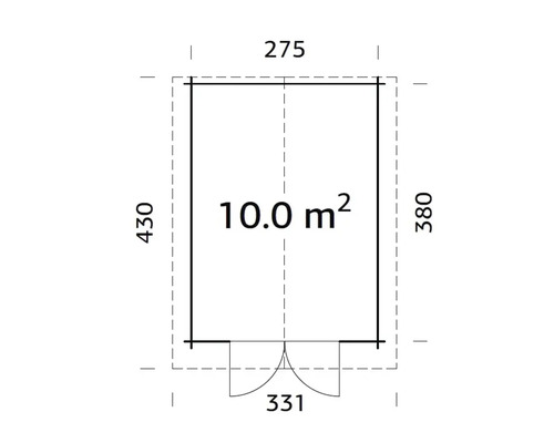 Grundrisszeichnung eines Gartenhauses mit den Maßen 275 x 430 x 380 x 331 Zentimeter und einer Fläche von 10.0 Quadratmetern