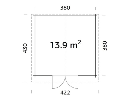 Grundriss mit Massangaben: 13,9 Quadratmeter Fläche, 380 cm Breite, 430 cm Tiefe