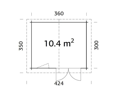 Grundriss eines Gartenhauses mit den Massen 360 x 350 x 300 cm und einer Fläche von 10,4 Quadratmetern.