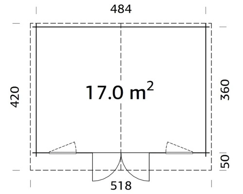Grundrisszeichnung eines Gartenhauses mit den Massen 484 mal 420 mal 360 mal 50 Zentimeter und einer Fläche von 17 Quadratmetern.