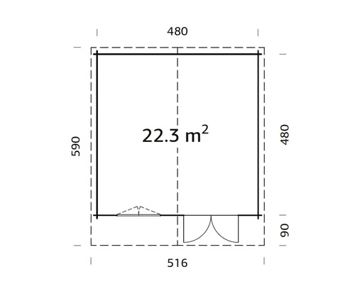 Grundrisszeichnung mit Massangaben: 590 x 480 x 516 Zentimeter und 22,3 Quadratmeter Fläche