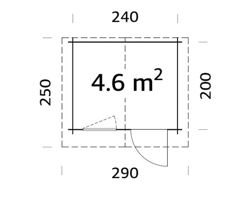 Plan d''un abri de jardin avec des dimensions de 240 sur 250 sur 200 sur 290 et une superficie de 4,6 mètres carrés