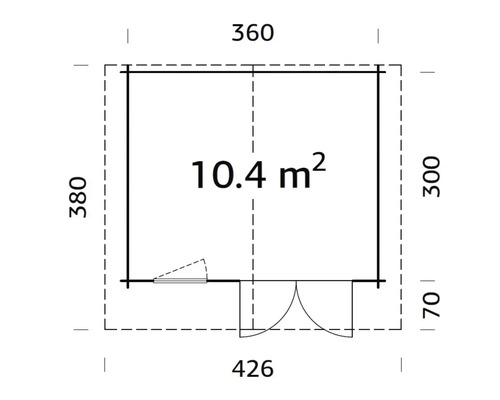 Plan avec dimensions pour une cabane de jardin, surface de 10.4 mètres carrés