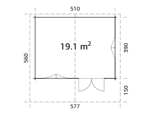 Grundrisszeichnung eines Gartenhauses mit den Maßen 510 mal 577 Zentimeter und einer Fläche von 19,1 Quadratmetern
