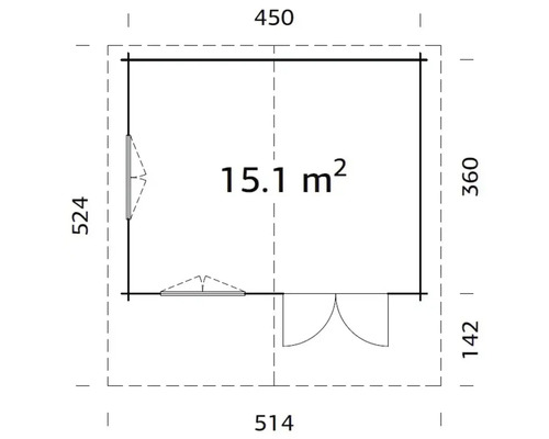 Grundriss eines Gartenhauses mit den Maßen 514 x 450 cm und einer Fläche von 15,1 Quadratmetern