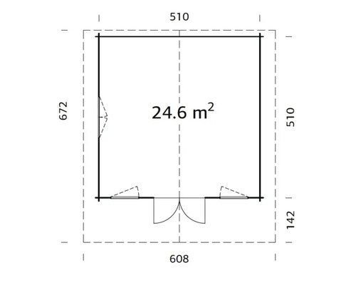 Plan d''un abri de jardin avec des dimensions de 608 x 672 x 510 x 142 cm et une superficie de 24,6 mètres carrés