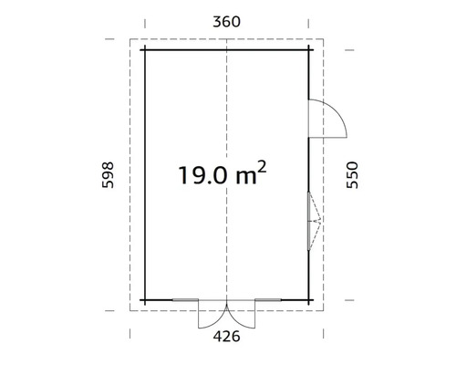 Grundrisszeichnung eines Gartenhauses mit den Maßen 360 x 598 x 550 x 426 cm und einer Fläche von 19 Quadratmetern