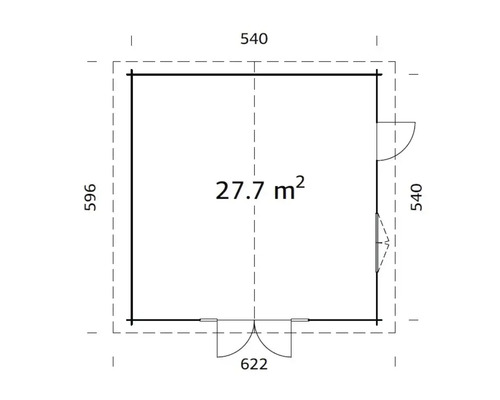 Plan d''un abri de jardin avec des dimensions de 540 x 596 x 622 et une surface de 27,7 mètres carrés