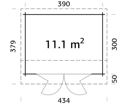 Plan avec les dimensions d''un abri de jardin: 390 x 434 x 379 cm, surface intérieure 11,1 mètres carrés