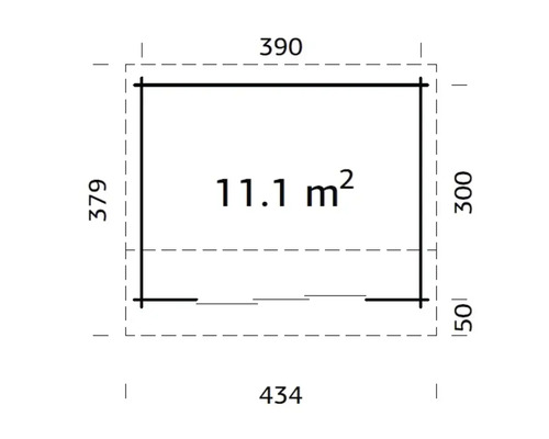 Plan avec les dimensions 434 par 379, 390 par 300 et une surface de 11,1 mètres carrés