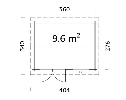 Plan d''un abri de jardin avec porte, fenêtre et dimensions de 360, 340, 276, 404 et 9,6 mètres carrés