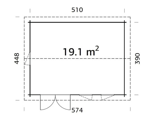 Grundriss eines Gartenhauses mit den Maßen 510 x 390 x 448 Zentimeter und einer Fläche von 19,1 Quadratmetern