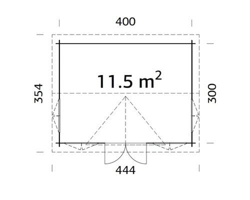 Grundrisszeichnung eines Gartenhauses mit Maßangaben und einer Fläche von 11.5 Quadratmetern