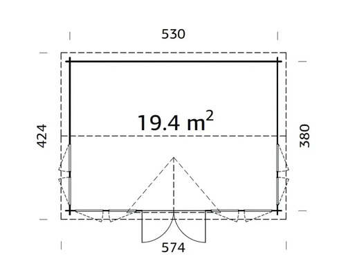 Plan d''un abri de jardin mesurant 530 x 424 x 380 cm avec une superficie de 19,4 mètres carrés