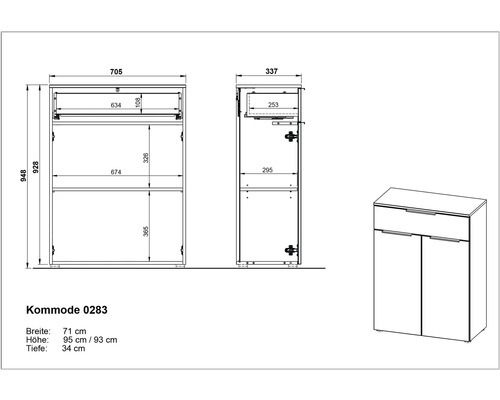 Dessin technique d''une commode avec indications de largeur, hauteur et profondeur.