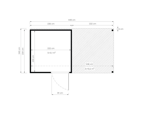Plan d''un abri de jardin avec terrasse et indications de dimensions