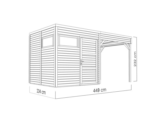 Illustration d''un abri de jardin d''une profondeur de 234 centimètres, d''une largeur de 449 centimètres et d''une hauteur de 232 centimètres.