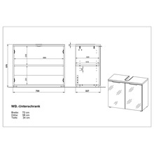 Schéma technique d''un meuble sous-lavabo avec dimensions