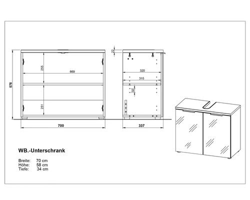 Schéma technique d''un meuble sous-lavabo avec dimensions