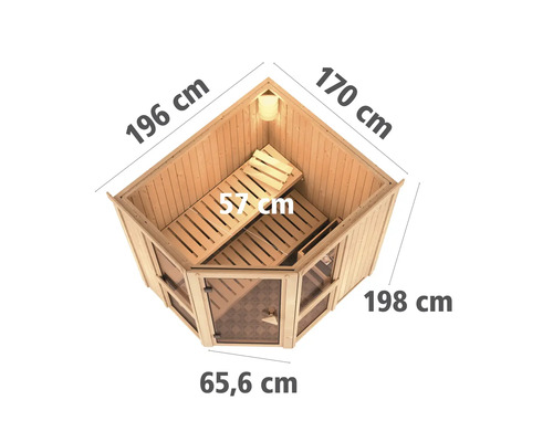 Sauna d''angle de dimensions 196 cm par 170 cm par 198 cm par 65,6 cm, vue intérieure avec bancs