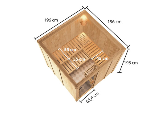 Innenansicht einer Holzsauna mit Größenangaben.