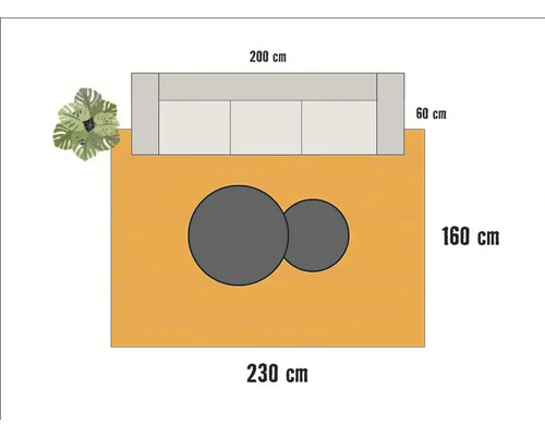 Skizze eines Gartens mit Sofa, Tisch und Pflanze mit Maßangaben