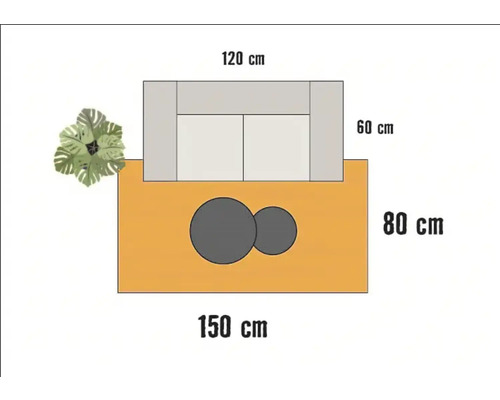 Illustration einer Loungegruppe mit den Maßen 120 x 60 cm, Tisch mit zwei Elementen 150 x 80 cm und einer Pflanze.