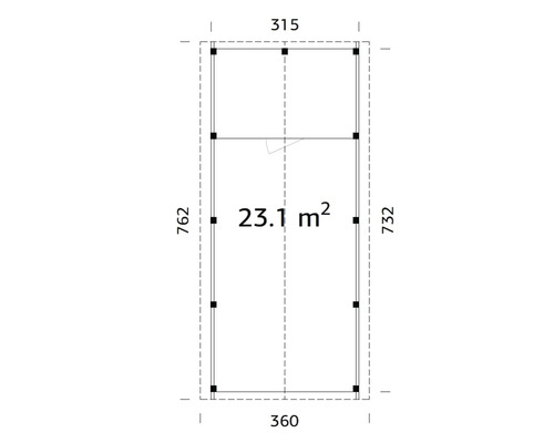 Plan d''un abri de jardin mesurant 315 x 762 cm et 360 x 732 cm, avec une superficie de 23,1 mètres carrés