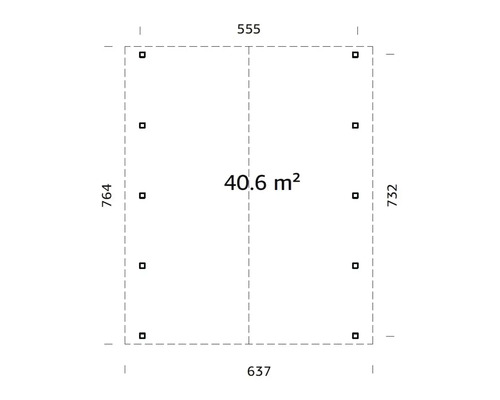 Grundriss mit Maßen von 555, 637, 732 und 764 sowie einer Fläche von 40,6 Quadratmetern