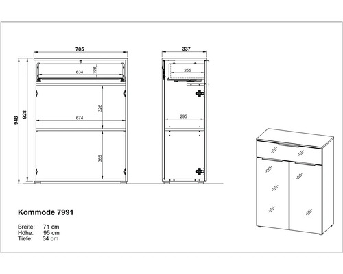 Schéma technique d''une commode avec indication de la largeur, de la hauteur et de la profondeur