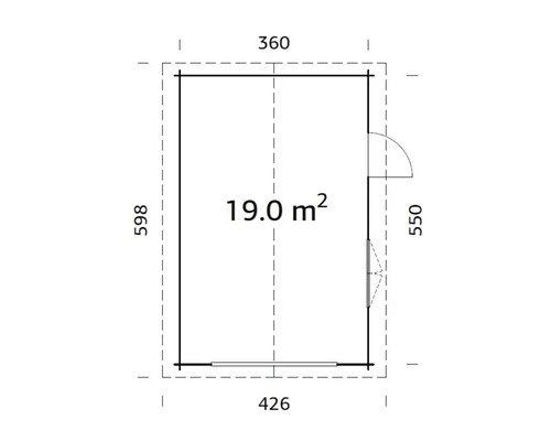 Grundrisszeichnung eines Gartenhauses mit einer Fläche von 19 Quadratmetern und den Maßen 360 mal 426 Zentimeter.