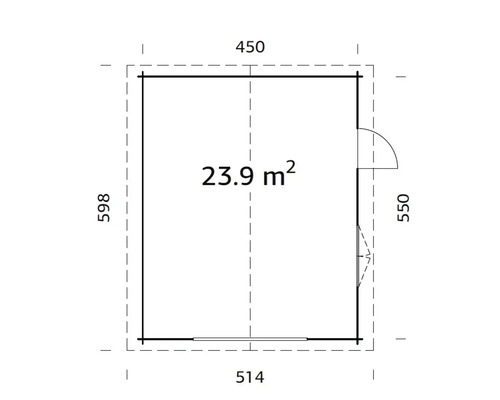 Plan d''un abri de jardin avec les dimensions 598 x 514 x 450 x 550 et une surface de 23,9 mètres carrés.