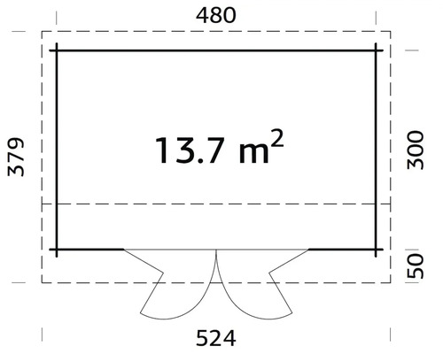 Grundrisszeichnung eines Gartenhauses mit einer Fläche von 13,7 Quadratmetern.