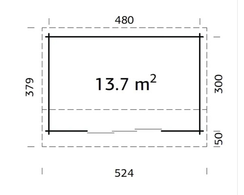 Grundriss mit Massangaben 524 x 379 cm, Fläche 13,7 m²
